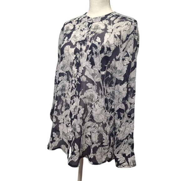 Liz Claiborne Sheer Top Button Down Blue Floral Long Sleeve Medium Blouse - Picture 3 of 13